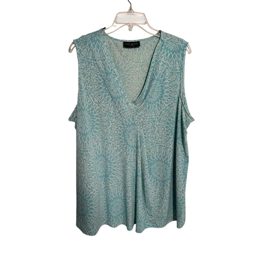 Lane Bryant Sleeveless Tank Blouse Aqua Blue White Geometric Printed Size 22/24